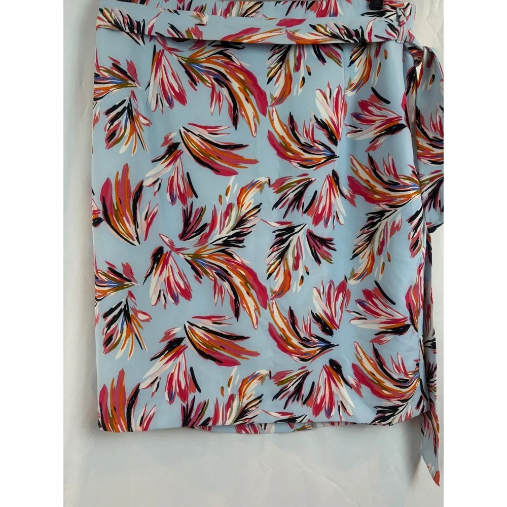 Floral Print Pencil Skirt Light Blue Pink High Waist Tie Belt Mid-Length Size 22